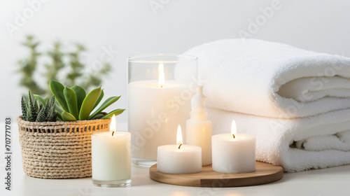 A flat lay of a luxurious spa day setting with scented candles a plush towel a face mask essential oils and a small succulent on a serene white surface.