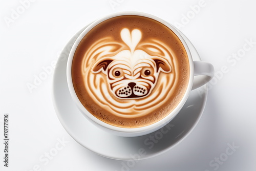 Top view of latte with dog latte art foam, cappuccino art, isolated on white background, Generated AI