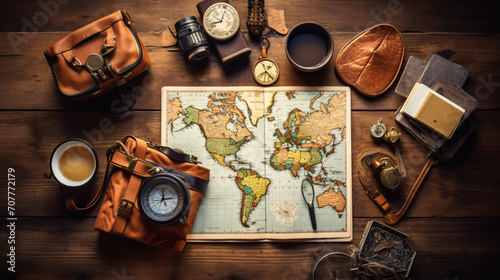 A flat lay of an adventurous travel kit with a vintage map a compass a leather-bound journal a pair of binoculars and a camera on an old wooden surface.
