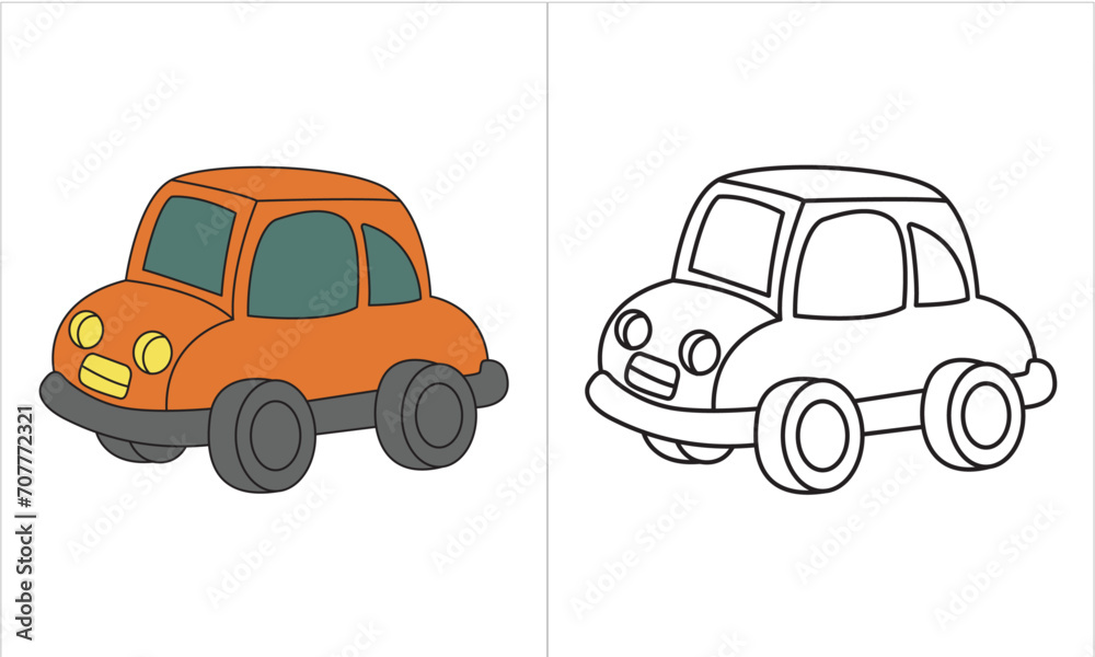 Orange car side view illustration vector Coloring Book, Cartoon Vector Illustration of Black and White Cars. Illustration for the children, coloring page with orange cartoon car. Doodle Comic 