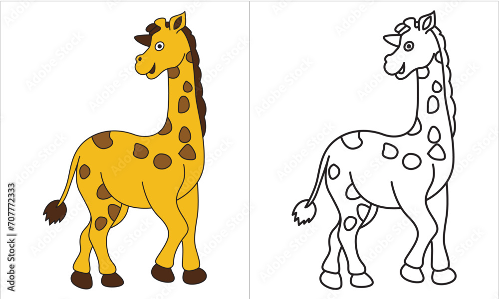 Obraz premium little giraffe with closed eyes. African animal wildlife vector illustration icon. Coloring page. Little cute giraffe stands and smiles.