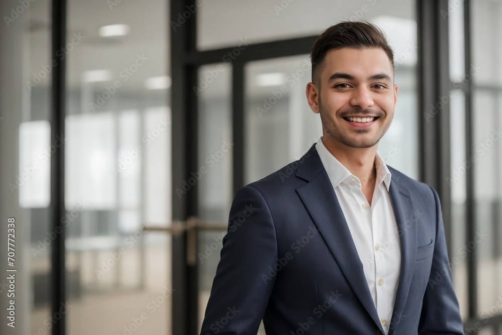 Handsome businessman smiling and looking at the camera against a blurred outside office building background with copy space. Handsome businessman smiling and looking at the camera against a blurred outside office building background with copy space.