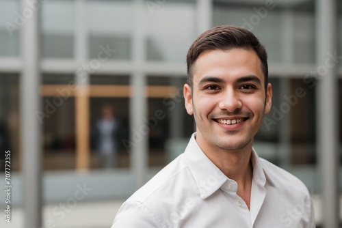 Handsome businessman smiling and looking at the camera against a blurred outside office building background with copy space.