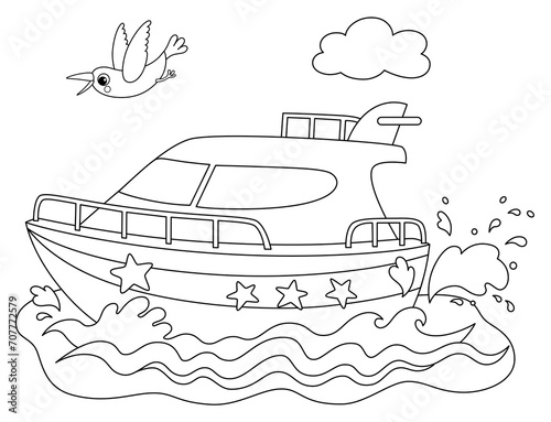 Cartoon boat in the sea with seagull above him