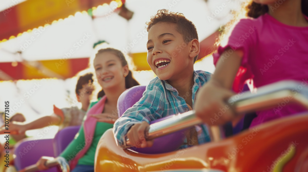 Φωτογραφία A joyful scene at a fair where children are having fun on the rides and parents are smiling as they watch them