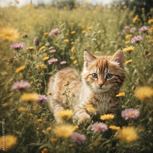 Adorable ginger cat posing colorful spring flowers in a garden. AI Generated.