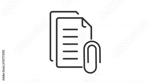 Animated attachment icon. Sending file line animation. Upload document. File sharing. Paper and clip. Black illustration on white background. HD video with alpha channel. Motion graphic photo