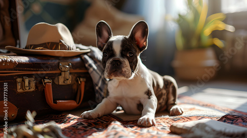 Cute French Bulldog puppy sits in a suitcase and travels with pets while traveling. generative AI photo