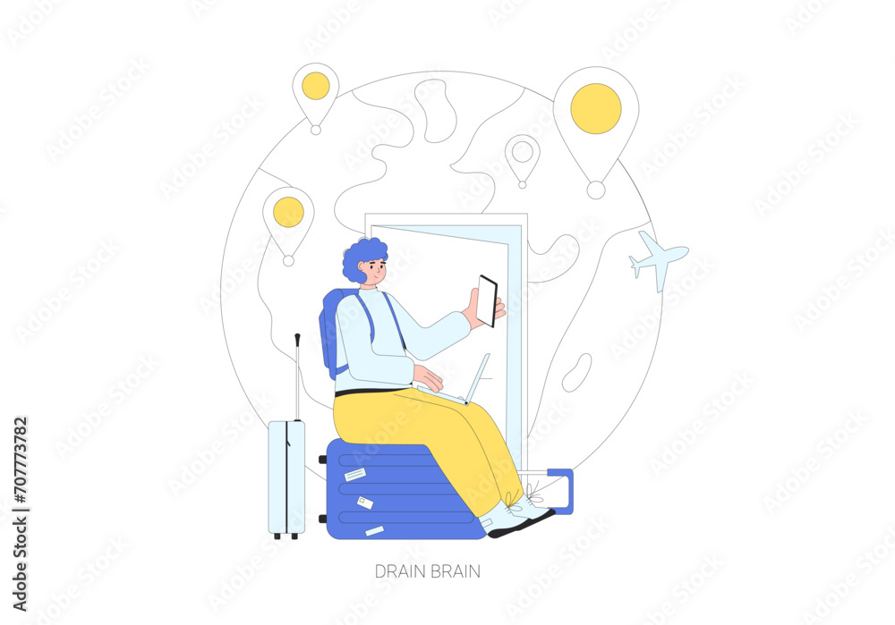 Drain brain migration. Digital nomad. Young person sitting on the suitcase and working online.