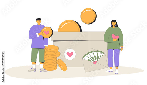 Donation concept. Money box with people who give financial and other support isolated on white background.