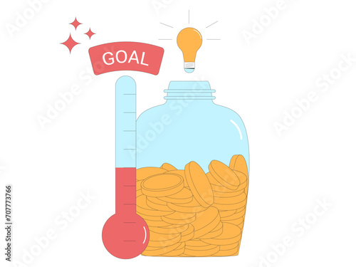 Donation event for non profit fund. Fundraising concept. Startup goal. thermometer and jar moneybox.