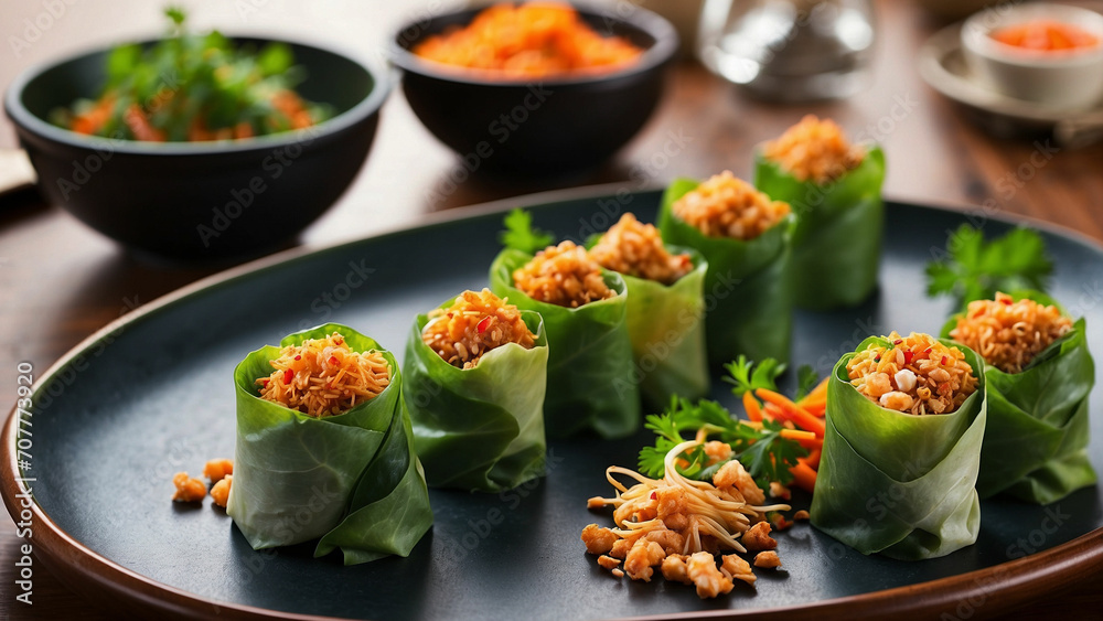 Crispy Delight Showcase featuring vegetable spring rolls crunchy exterior and the burst of vibrant flavors from the fresh vegetables encased within