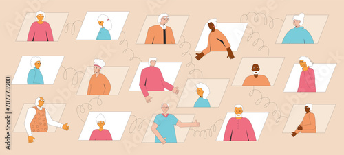 Elderly people communication. Senior aged men and women talking online. Vector illustration