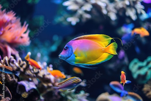 Brightly colored tropical fish in a salt water aquarium.  © Straxer