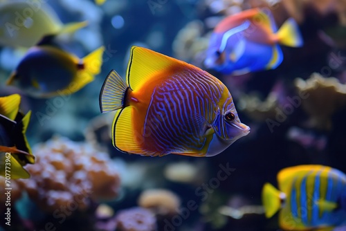 Brightly colored tropical fish in a salt water aquarium