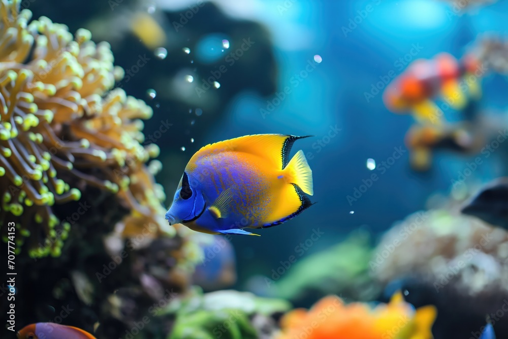 Brightly colored tropical fish in a salt water aquarium. Brightly colored tropical fish in a salt water aquarium.