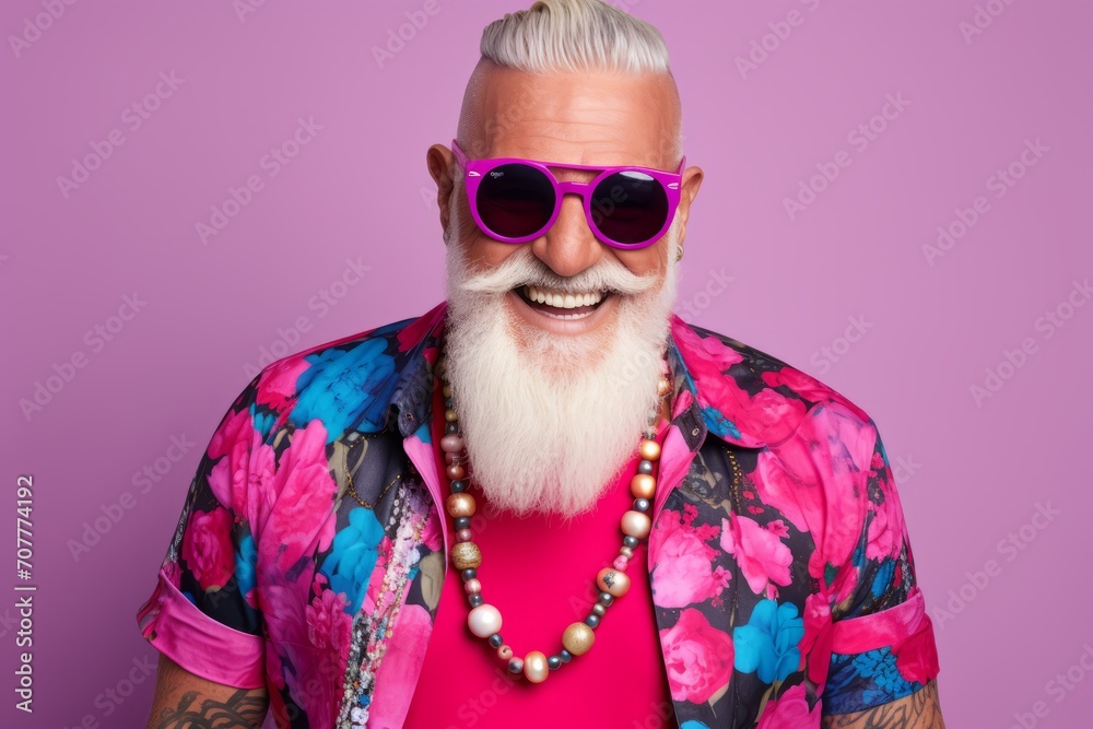 Portrait of a cheerful senior man with stylish hairstyle and sunglasses against purple background