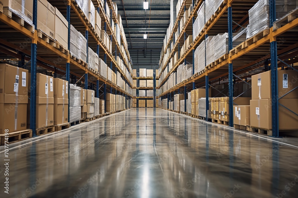 Distribution Warehouse With Cardboard Boxes On The Racks And On The Floor 