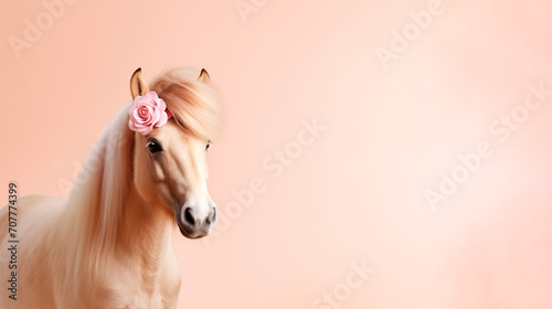 Portrait of an adorable horse with a rose in its mane on a pastel background. Side view, space for text.