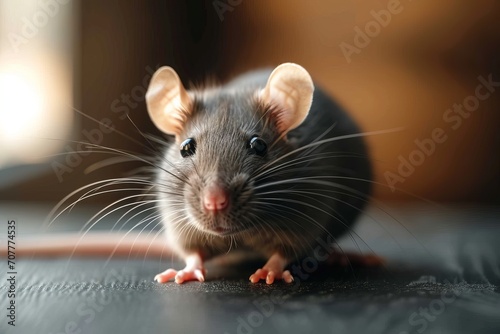  Cute rat on gray background, closeup.