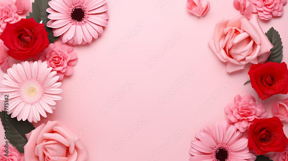 Pink rose composition background, decorative flower background pattern, floral border background Pink rose composition background, decorative flower background pattern, floral border background