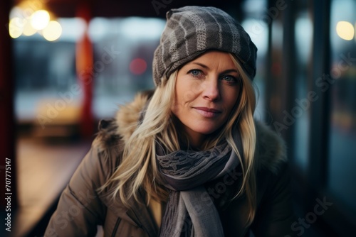 Portrait of a beautiful young woman in winter clothes in the city
