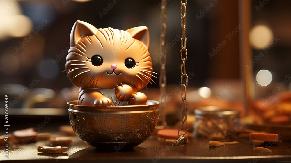 Happy cat sitting in golden Cup, Joy, Happy Face, 