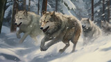 Wolves Running Through a Snowy Forest Landscape