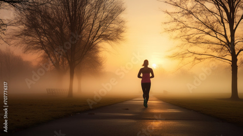 Woman Jogging on Misty Road at Sunrise