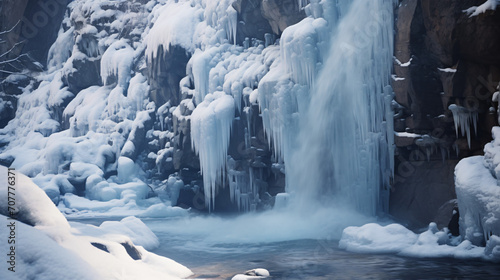 A frozen waterfall with icicles and snow-covered rocks in a winter wonderland setting.