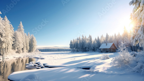 Winter Cabin by a Frozen Lake in Snowy Forest © Polypicsell