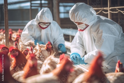Experts wearing blue suits and protective masks are inspecting to check for germs in a chicken farm. photo