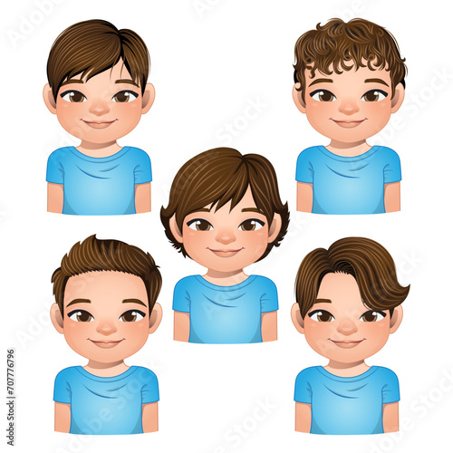 Set of hairstyle for boys, boys faces, avatars, brown hair kid heads different hairstyle vector