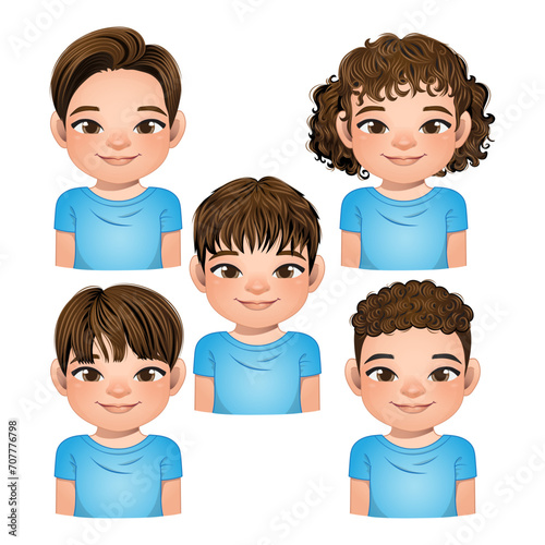 Set of hairstyle for boys, boys faces, avatars, brown hair kid heads different hairstyle vector