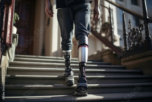 Close-up of a physically disabled man with a disability on the stairs People with disabilities in daily life
