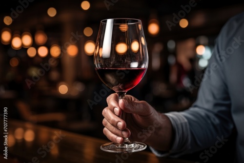 Young man holding a glass of red wine in a bar. Drinking with his lover.