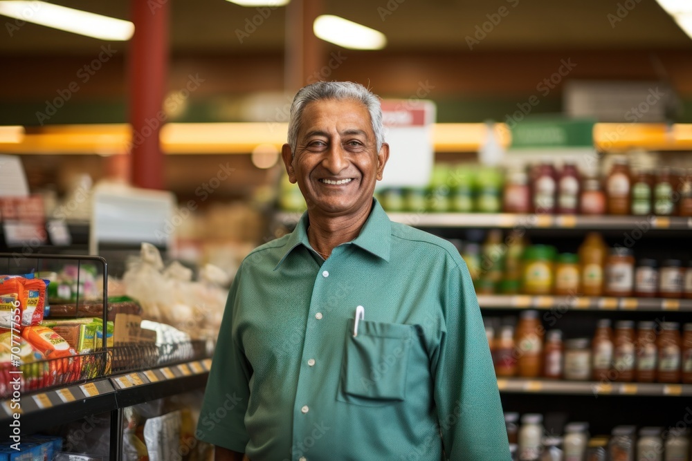 A senior india grocery store owner who is proud to be running a grocery store is happy.