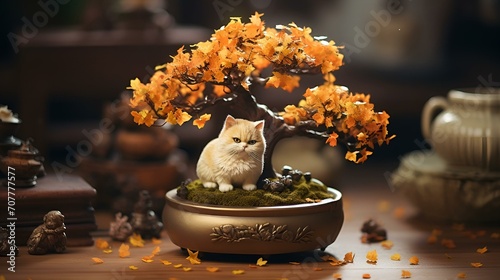 Adorable white cat sitting on a pot with a tree