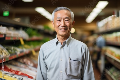 A senior Asian grocery store owner who is proud to be running a grocery store is happy.