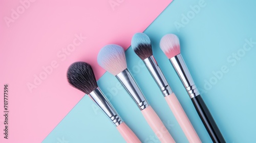 Make up background with decorative cosmetic products. Beauty industry banner with brushes