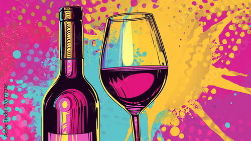 Wow pop art. Wine Bottle and Glass. Vector colorful background in pop art retro comic style. Alcohol concept