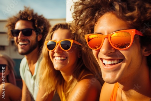 Group of friends on holiday wearing sunglasses as a symbol of happiness from the holiday