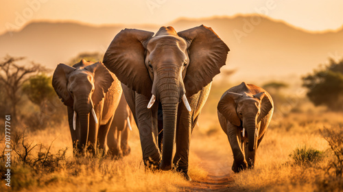 A group of elephants walking through the African savanna during golden hour. © Marcel