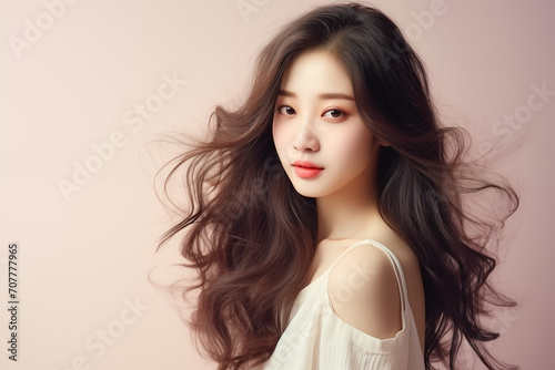 Dreamy Asian woman in white, with windswept hair, embodies a soft, ethereal charm