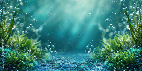 Submerged green seaweed, kelp, algae, seagrass within blue water backdrop, with scattered bubbles. Underwater flora serving as visual narrative for subaquatic, intertidal biodiversity.. Card, banner.