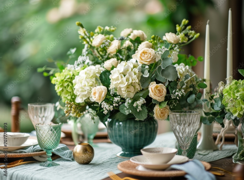 Festive table setting with flowers and crockery in green colors Festive table setting with flowers and crockery in green colors