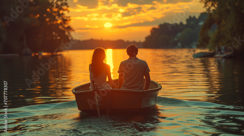 Lovers Embracing Serenity, A Mesmeric Journey of Love and Reflection in a Boat on a Sun-Kissed Lake