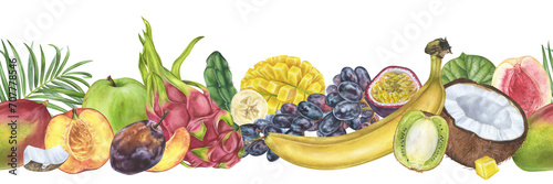 Fruits Border Watercolor illustration. Hand drawn botanical pattern on isolated background. Drawing of multifruit frame and banner template. Tropical exotic food painting for grocery store windows photo