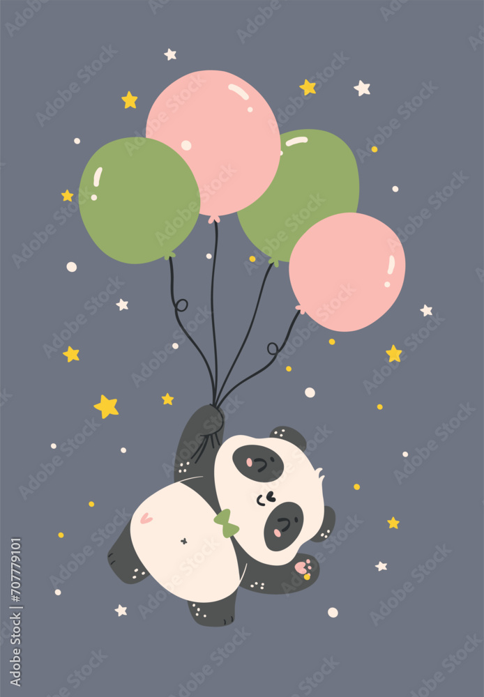 Adorable Cartoon Panda floating with balloon, nursery baby shower kid illustration.