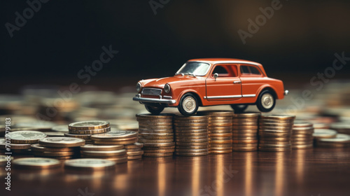 Toy Car on Stacked Coins Illustrating Vehicle Savings